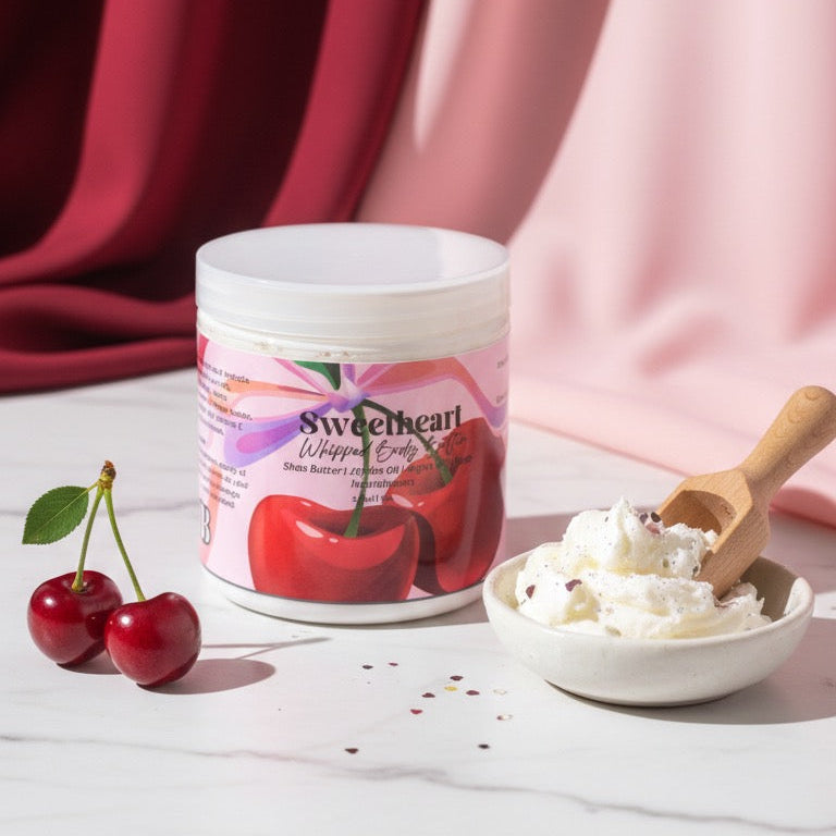 Container of Sweetheart whipped cream with cherries and a bowl of whipped cream on a light surface.